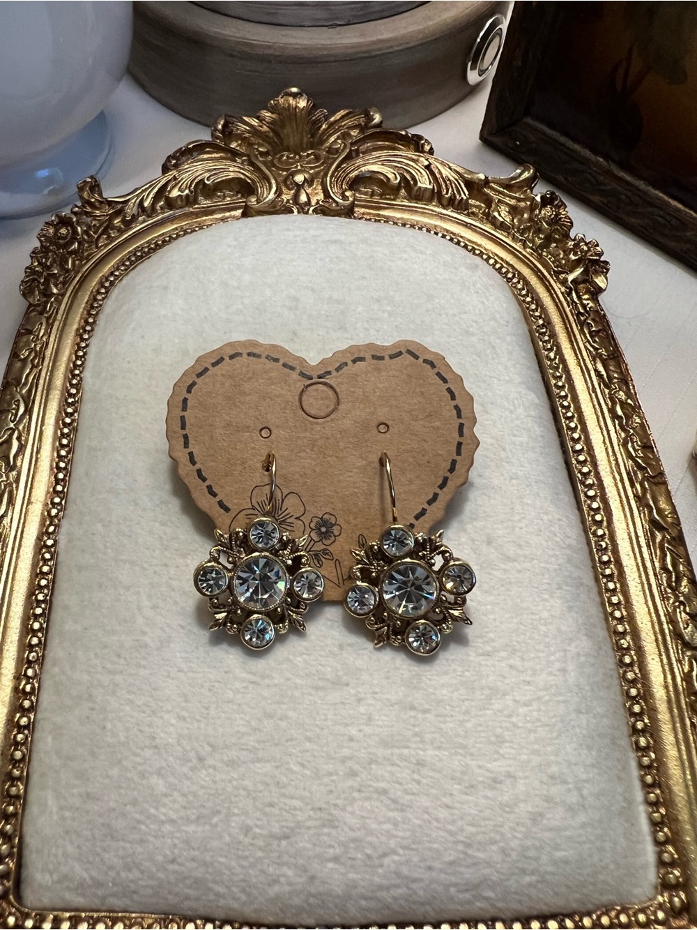 1928 Gold-Tone Clear Crystal Floral Cluster Drop Earrings